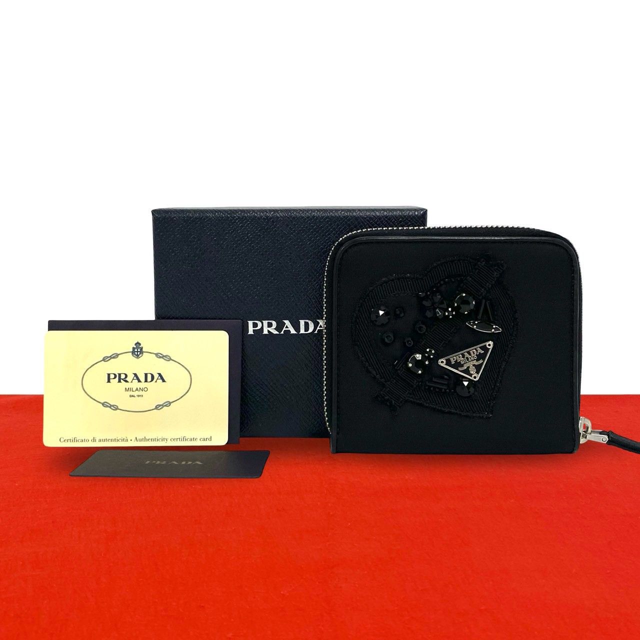 Prada Triangular Logo Nylon Bifold Wallet Mini Card Case Black