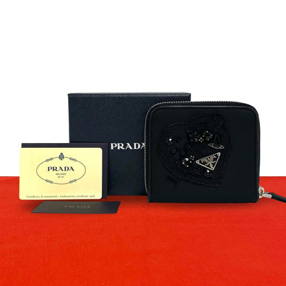 Prada Triangular Logo Nylon Bifold Wallet Mini Card Case Black