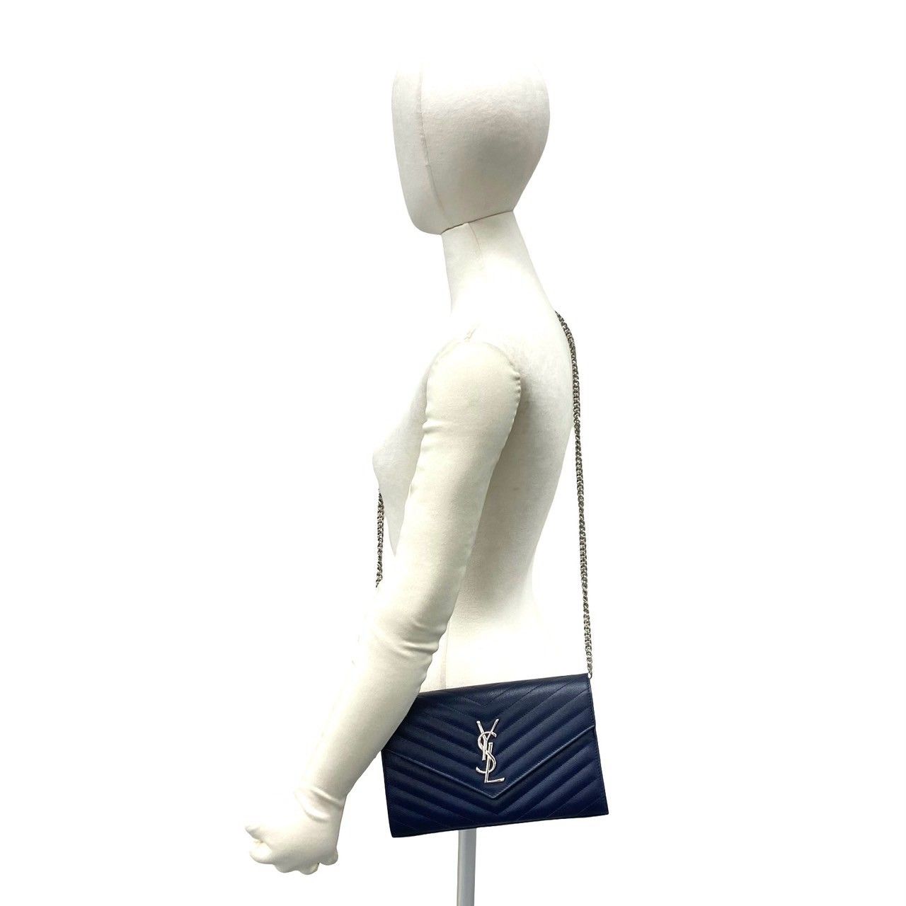 Saint Laurent Paris YSL Cassandra Logo Leather Chain Shoulder Bag Navy — view 2