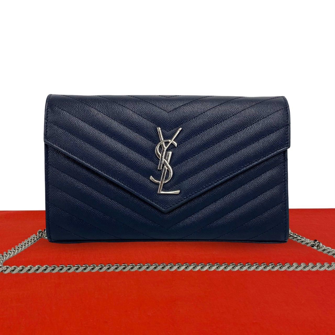 Saint Laurent Paris YSL Cassandra Logo Leather Chain Shoulder Bag Navy