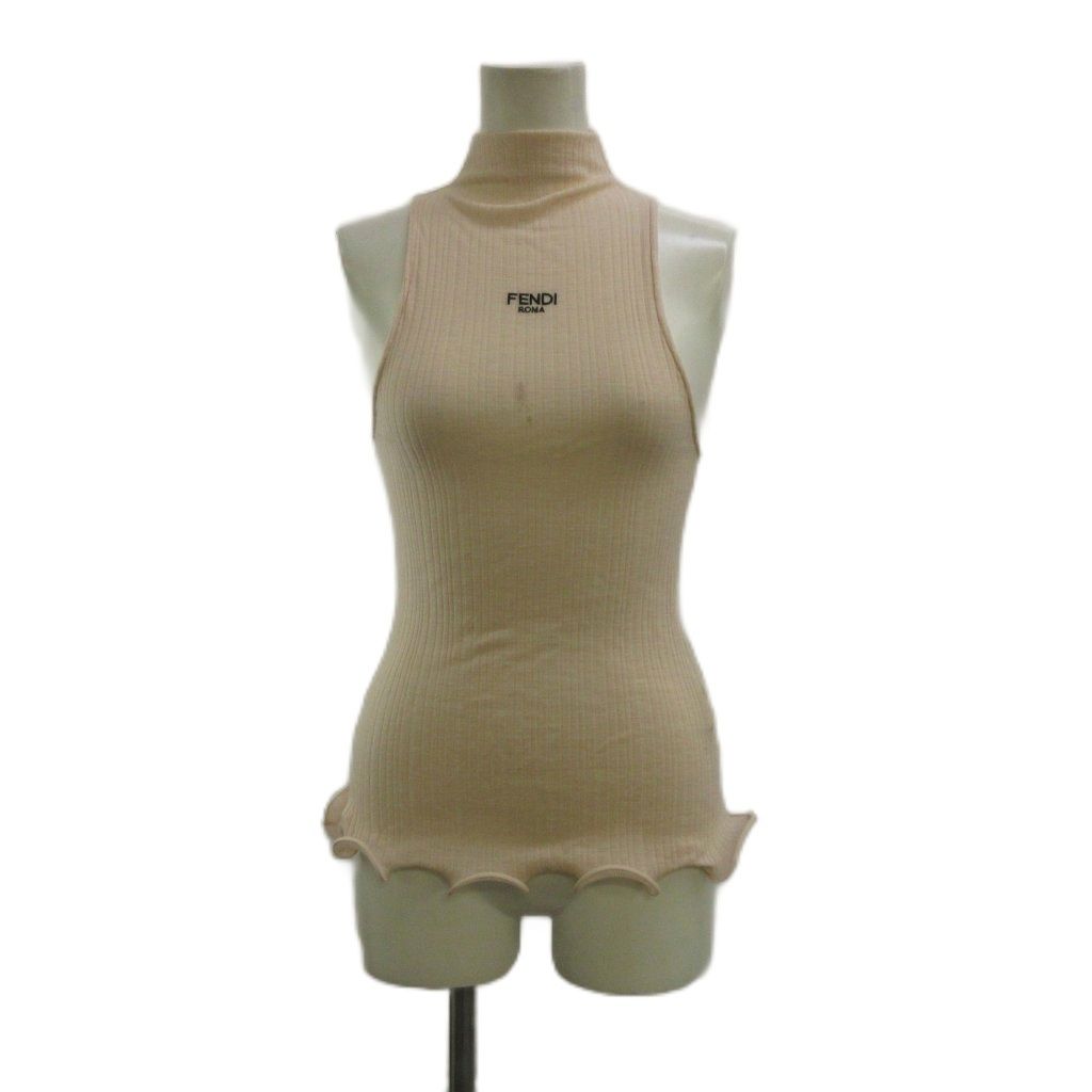Fendi Ruffled Top Knit Tank Top Wool 38 Pink Ribbed High Neck Ruffle Hem PP