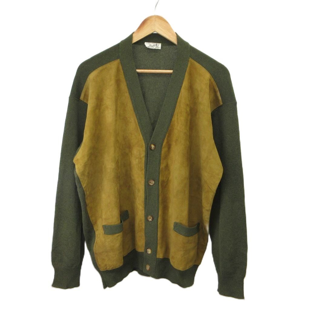 Hermes Cardigan Suede Leather Knit Contrast M Khaki Beige Neck PP