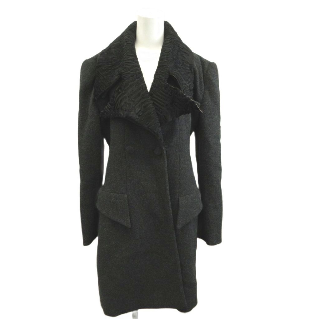 Fendi Lapel Contrast Long Coat Sheep Leather 40 Gray Black Double Breasted