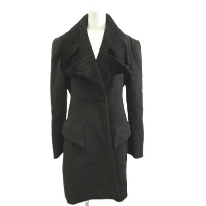 Fendi Lapel Contrast Long Coat Sheep Leather 40 Gray Black Double Breasted
