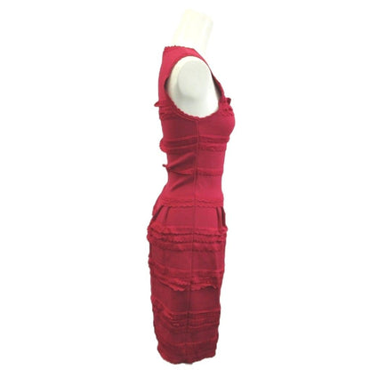 Dior Summer Knit Dress 36 Pink Sleeveless Round Neck Ruffle Knee Length Midi YU — view 3