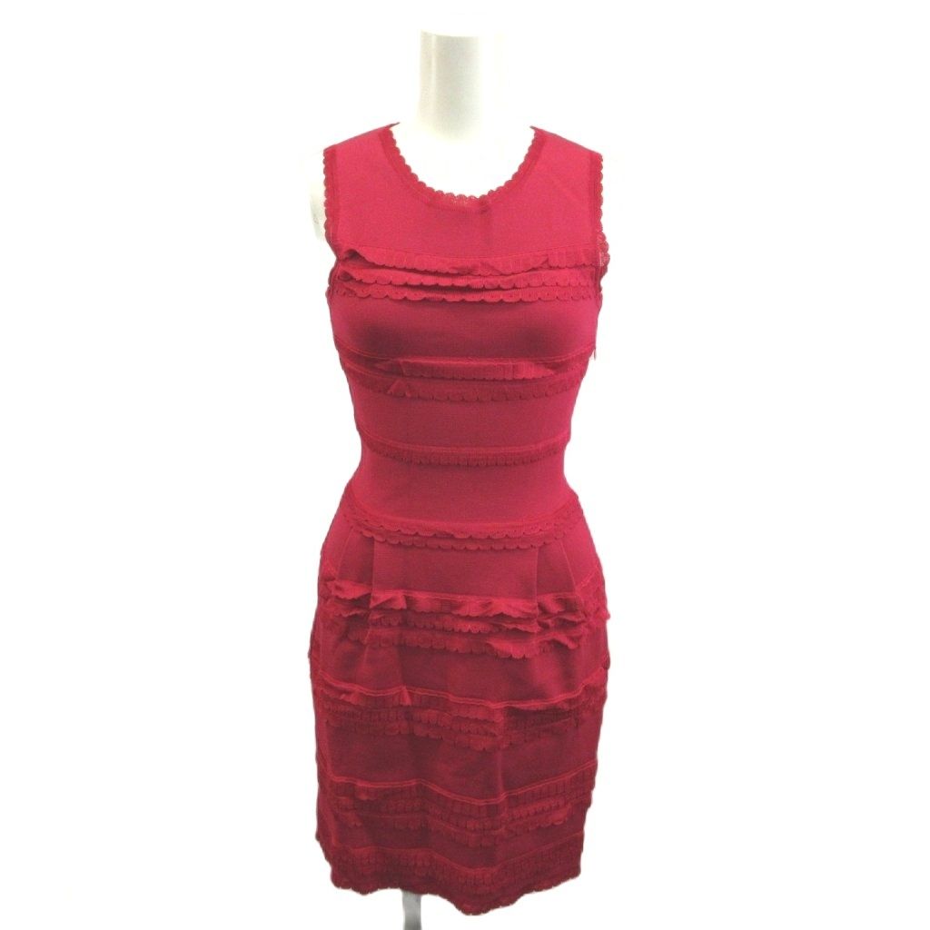 Dior Summer Knit Dress 36 Pink Sleeveless Round Neck Ruffle Knee Length Midi YU