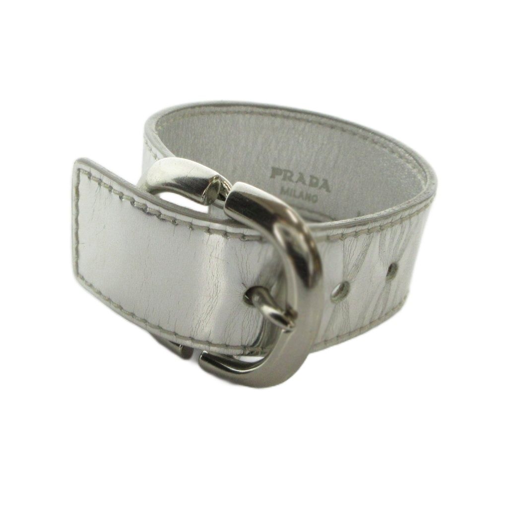 Prada Leather Bangle Bracelet Logo S Silver
