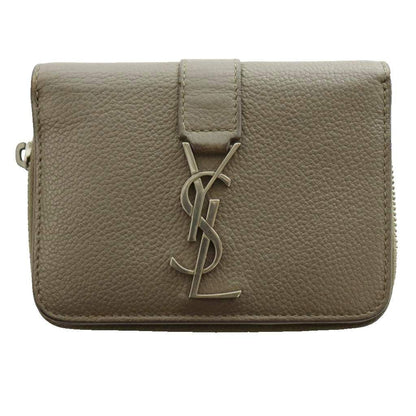 Saint Laurent Paris YSL Line Compact Zip Wallet Leather Logo Mocha SS