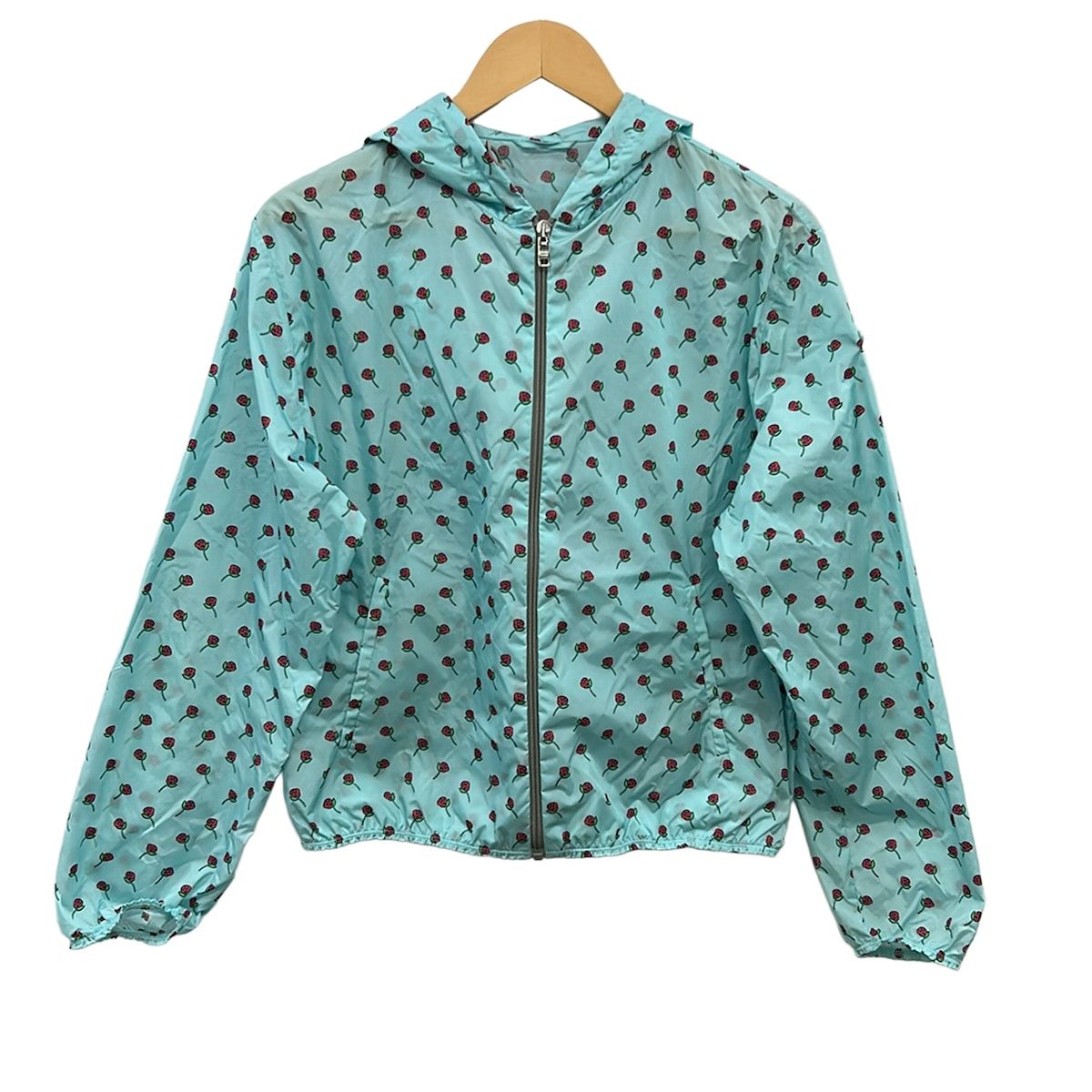 Prada Jacket 44 L Light Blue Red Multi Long Sleeve Floral Print Zip Up Rain