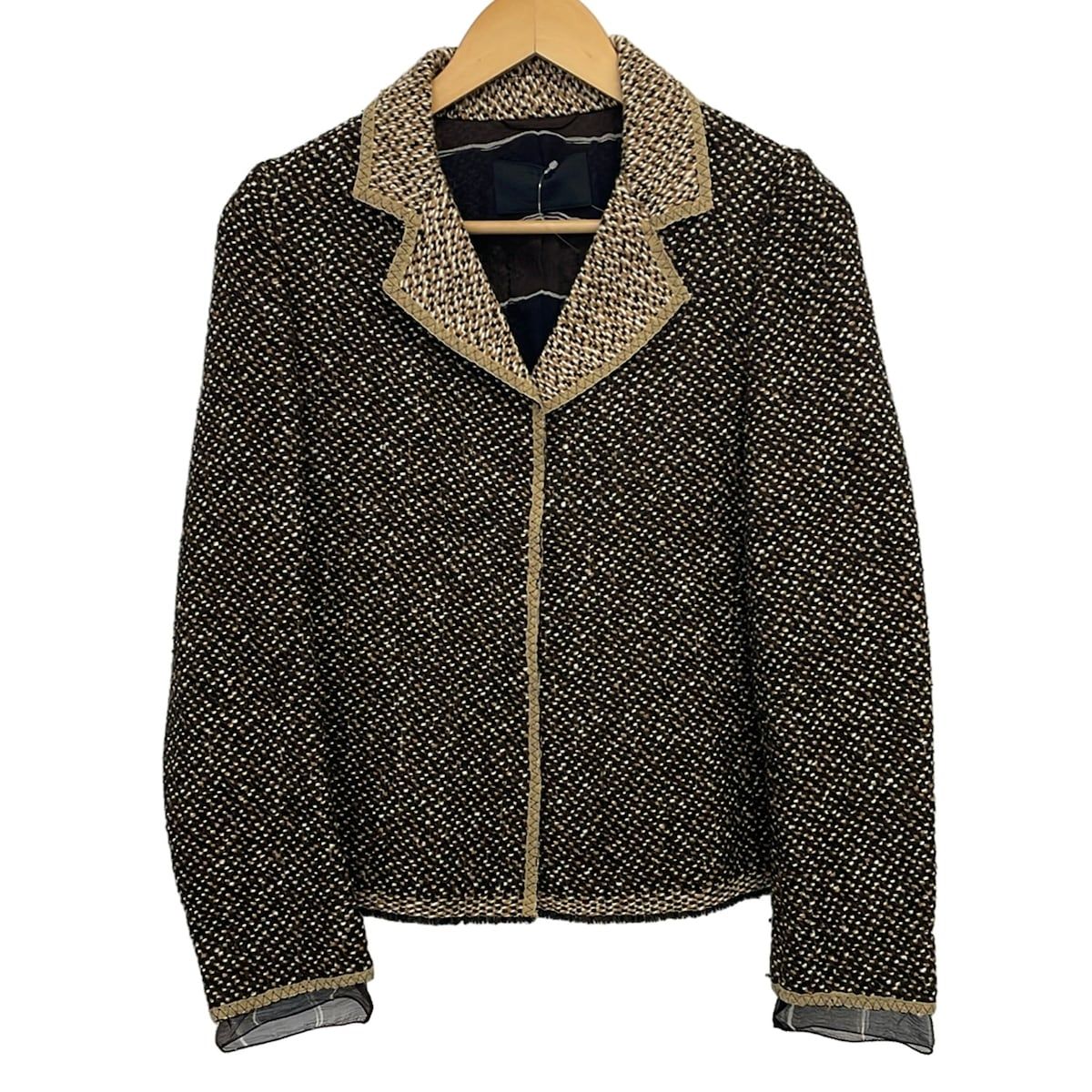 Prada Jacket 40 M Dark Brown Ivory Multi Long Sleeve Knit Spring Autumn
