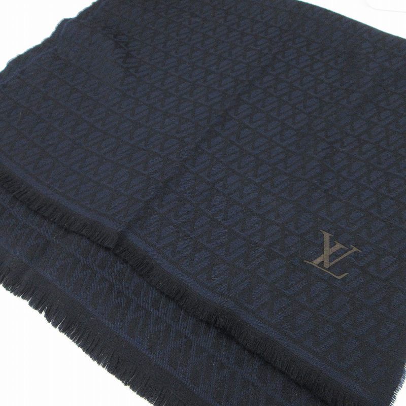 Louis Vuitton Scarf Shawl All Over Pattern Logo Embroidery Wool Navy Black 175