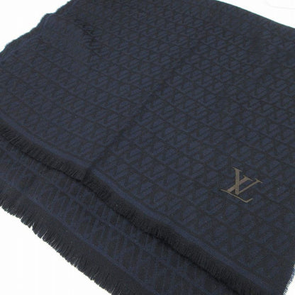 Louis Vuitton Scarf Shawl All Over Pattern Logo Embroidery Wool Navy Black 175