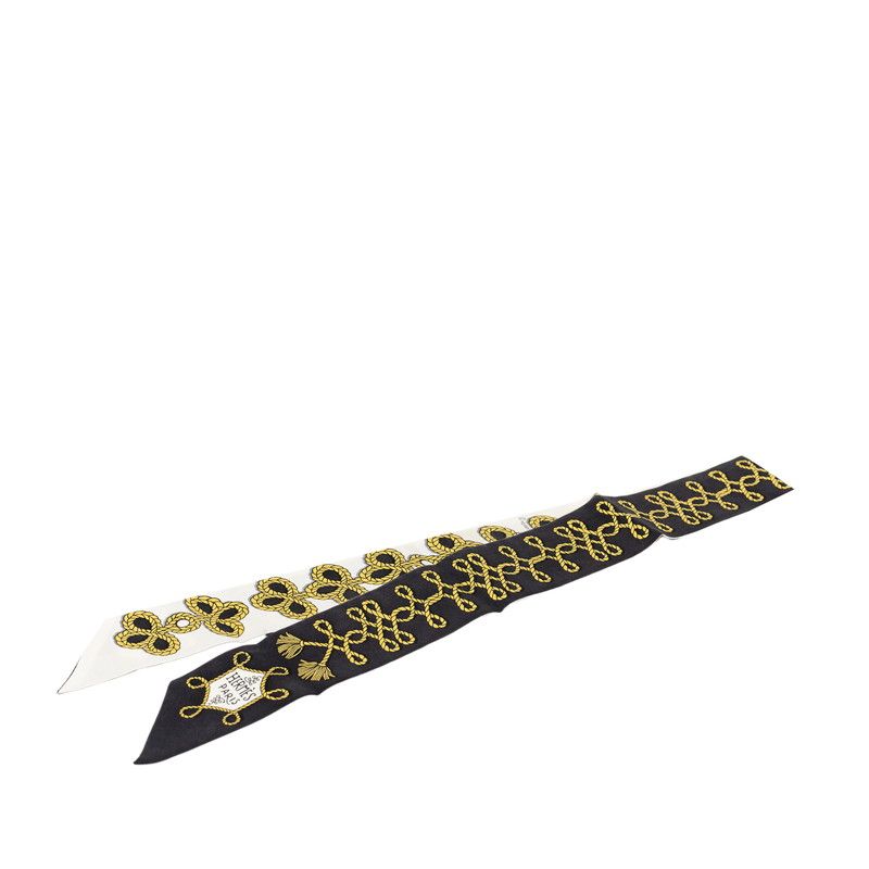 Hermes Twilly Galons Et Brandebourgs Scarf Black White Silk