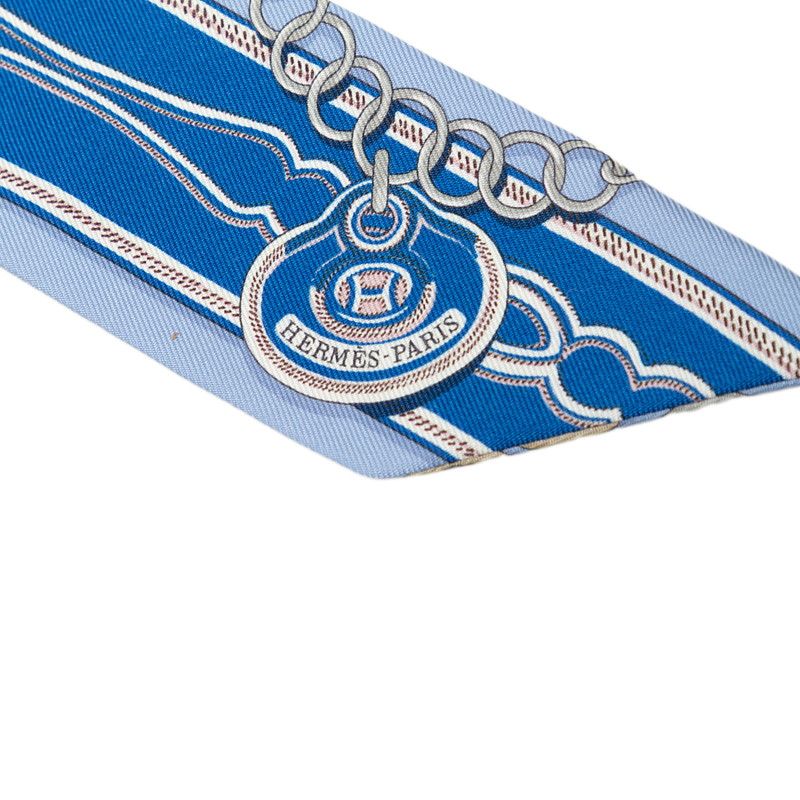 Hermes Twilly Maillon Chain Ring Scarf Blue Silk — view 3