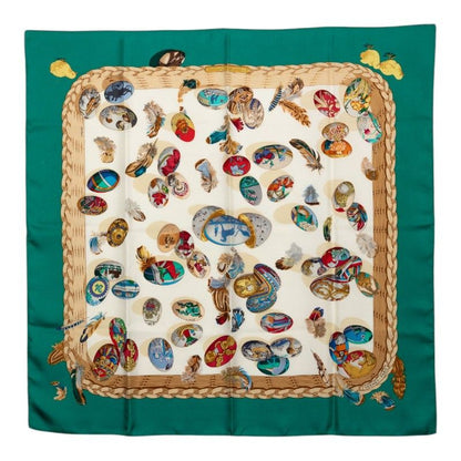 Hermes Carre 90 Chicks Couvee D'hermes Scarf Green Ivory Silk