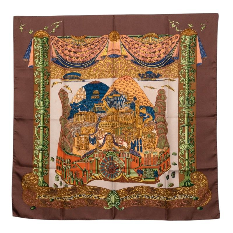 Hermes Carre 90 L'atlantide Atlantis Scarf Brown Silk