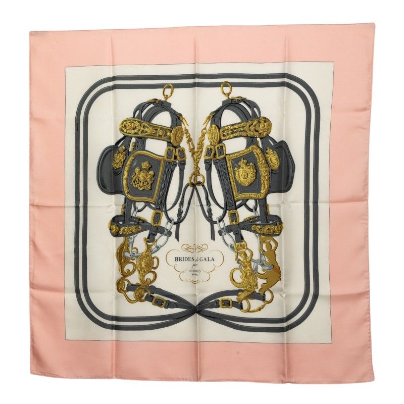 Hermes Carre 90 Brides de Gala Ceremonial Bridle Scarf Pink Ivory Silk