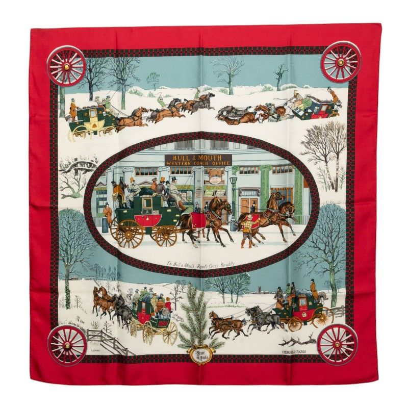 Hermes Carre 90 Winter Mail L'hiver en Poste Scarf Red Multicolor Silk