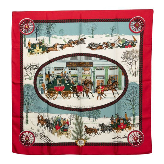 Hermes Carre 90 Winter Mail L'hiver en Poste Scarf Red Multicolor Silk