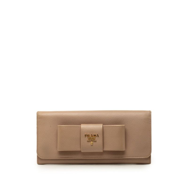 Prada Logo Ribbon Bifold Wallet Beige Saffiano Leather