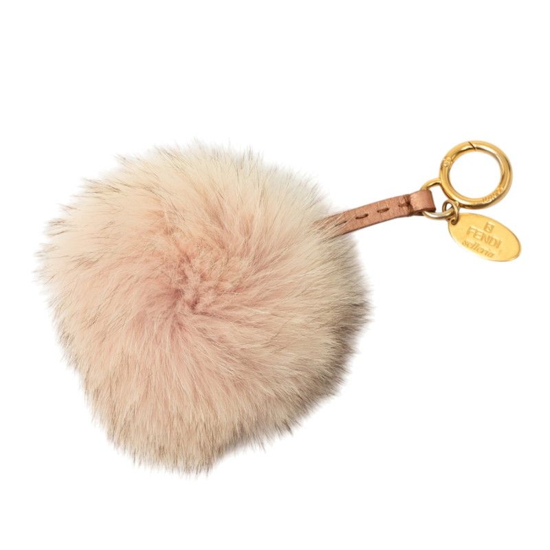 Fendi Pom Charm Bag Key Holder Pink Gold Fur Leather