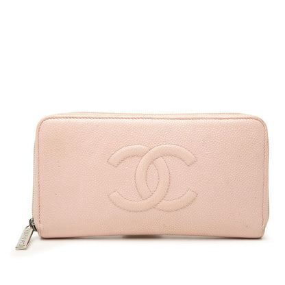 Chanel CC Logo Zip Around Wallet Pink Caviar Leather