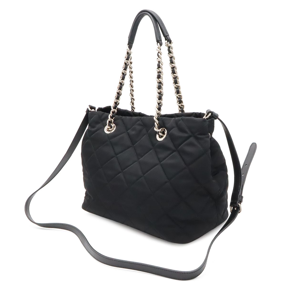 Prada Tessuto Triangle Logo Chain Shoulder Bag 2-Way Quilted Nylon Nero Black — view 2