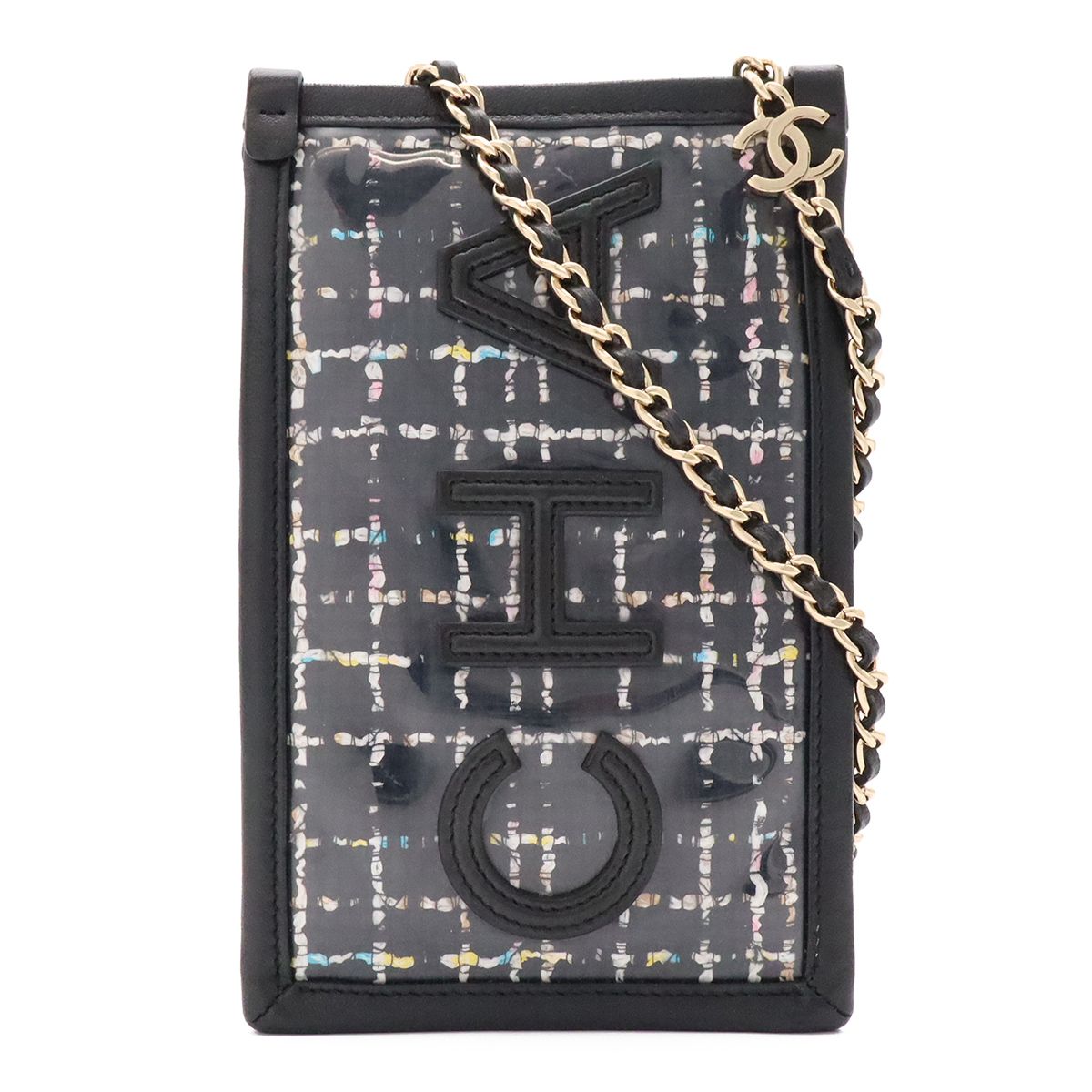 Chanel Logo Tweed Chain Shoulder Pouch Pochette Vinyl Leather Clear Black Gold