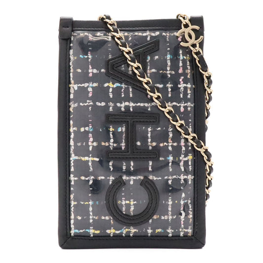 Chanel Logo Tweed Chain Shoulder Pouch Pochette Vinyl Leather Clear Black Gold