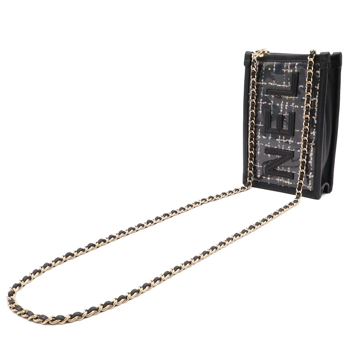Chanel Logo Tweed Chain Shoulder Pouch Pochette Vinyl Leather Clear Black Gold — view 2