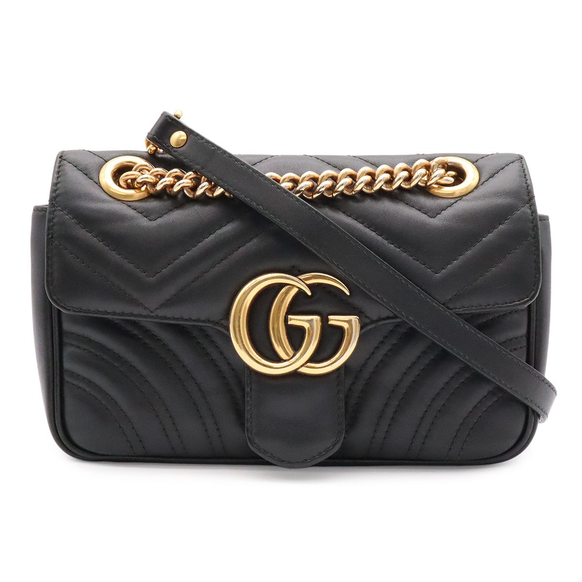 Gucci GG Marmont Chain Shoulder Bag Pochette Heart Quilted Leather Black Gold