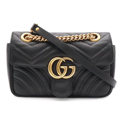Gucci GG Marmont Chain Shoulder Bag Pochette Heart Quilted Leather Black Gold