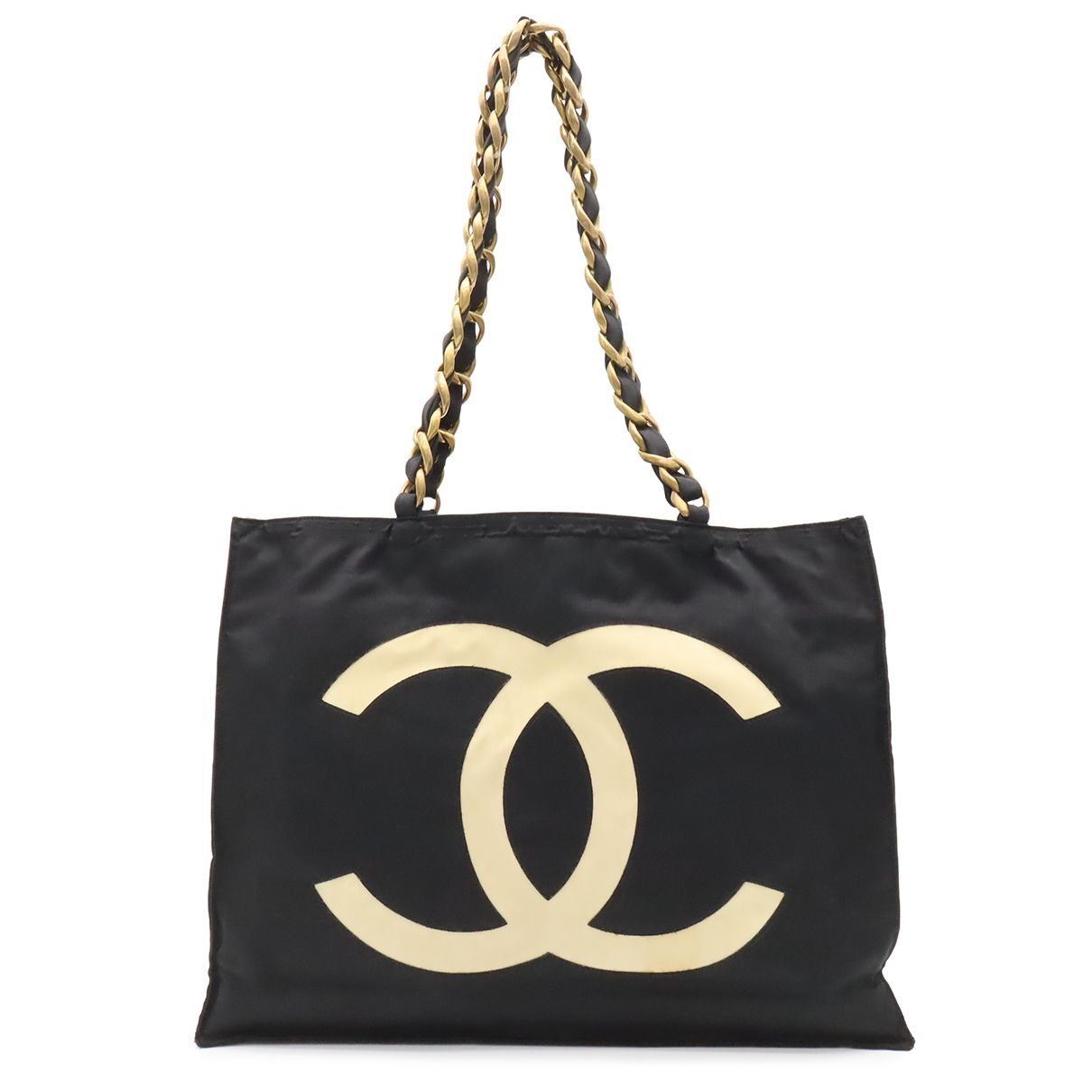 Chanel CC Logo Chain Tote Large Shoulder Bag Nylon Canvas Black White Gold