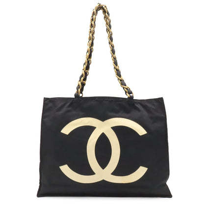 Chanel CC Logo Chain Tote Large Shoulder Bag Nylon Canvas Black White Gold