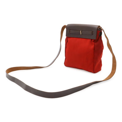 Hermes Herbag TPM Shoulder Bag Pochette Canvas Leather Orange Red Dark Brown — view 2