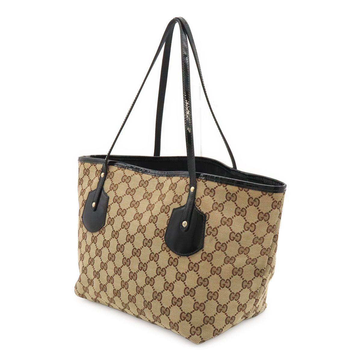 Gucci GG Canvas Logo Charm Tote Shoulder Bag Enamel Patent Khaki Beige Black — view 2