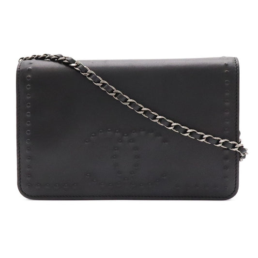 Chanel CC Logo Chain Wallet Shoulder Bag Pochette Crossbody Leather Black Silver