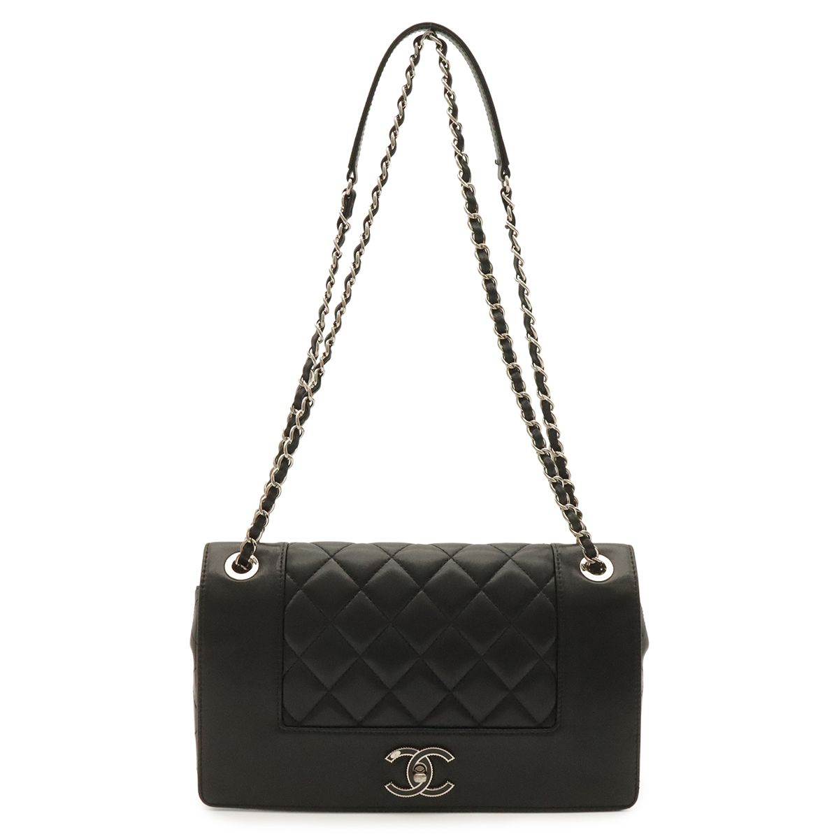 Chanel Mademoiselle Vintage Double Flap Chain Shoulder Bag Leather Black Silver