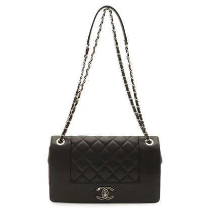 Chanel Mademoiselle Vintage Double Flap Chain Shoulder Bag Leather Black Silver