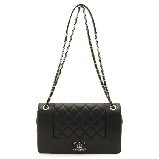 Chanel Mademoiselle Vintage Double Flap Chain Shoulder Bag Leather Black Silver