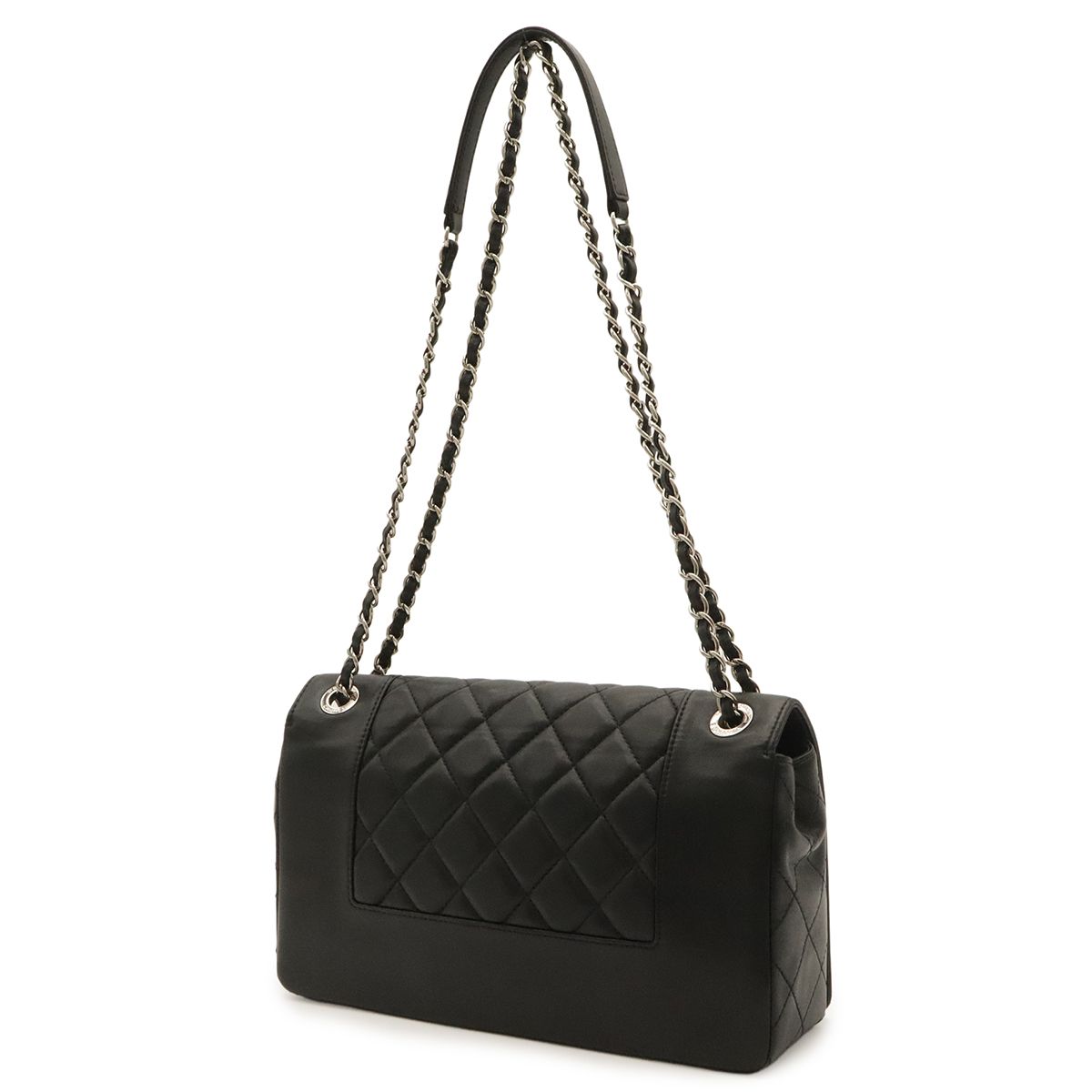 Chanel Mademoiselle Vintage Double Flap Chain Shoulder Bag Leather Black Silver — view 2