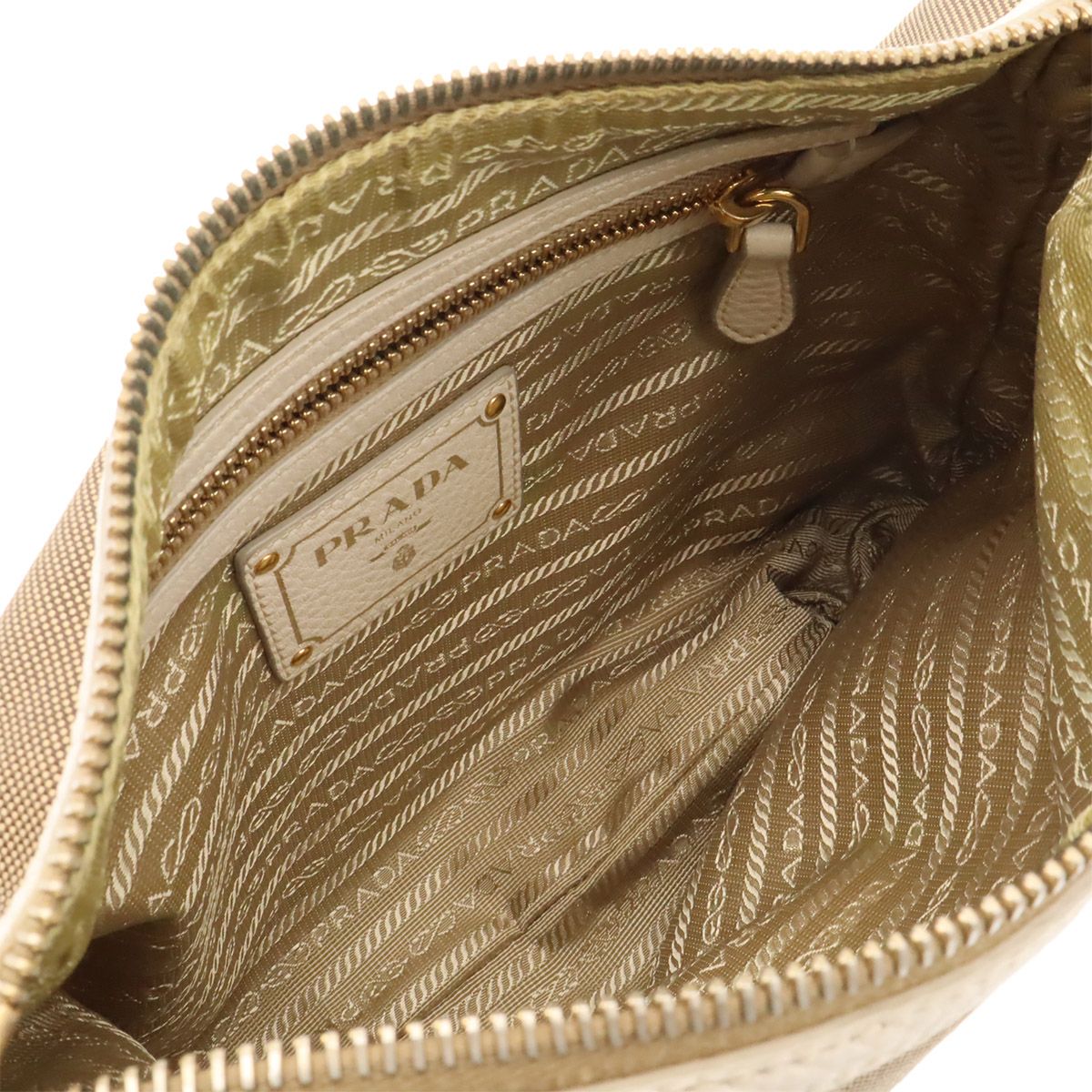 Prada Logo Jacquard Shoulder Bag Crossbody Canvas Leather Corda Khaki Beige — view 5