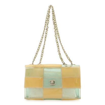 Chanel Chocolate Bar CC Logo Chain Shoulder Bag Vinyl Light Blue Beige Silver