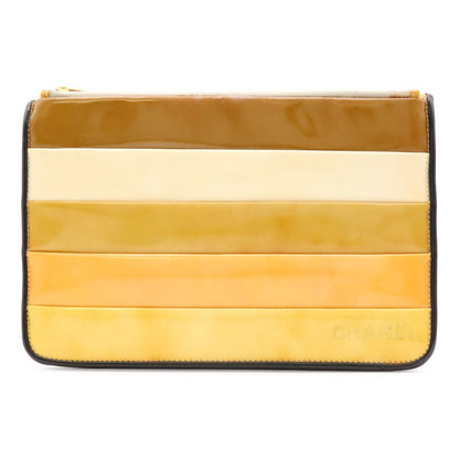 Chanel Logo Stripe Border Clutch Enamel Patent Leather Yellow Multicolor Black