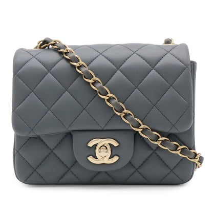 Chanel Quilted CC Logo Mini Flap Chain Shoulder Bag Pochette Leather Gray Gold