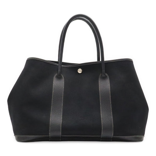 Hermes Garden Party PM Tote Shoulder Bag Toile Officier Leather Black