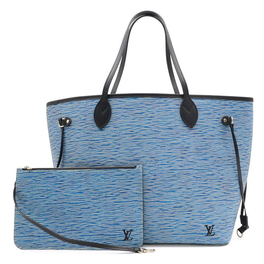 Louis Vuitton Epi Denim Neverfull MM Tote Shoulder Bag with Leather Blue Pouch