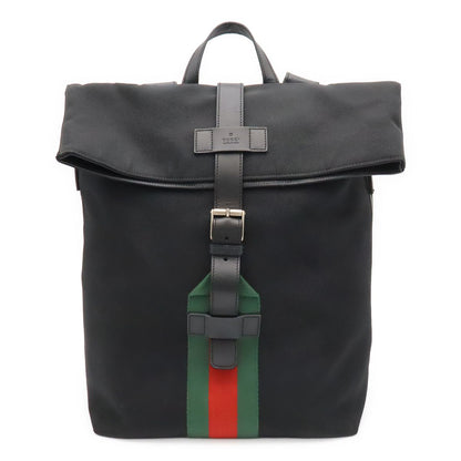 Gucci Band Techno Canvas Web Line Sherry Backpack Leather Black Green