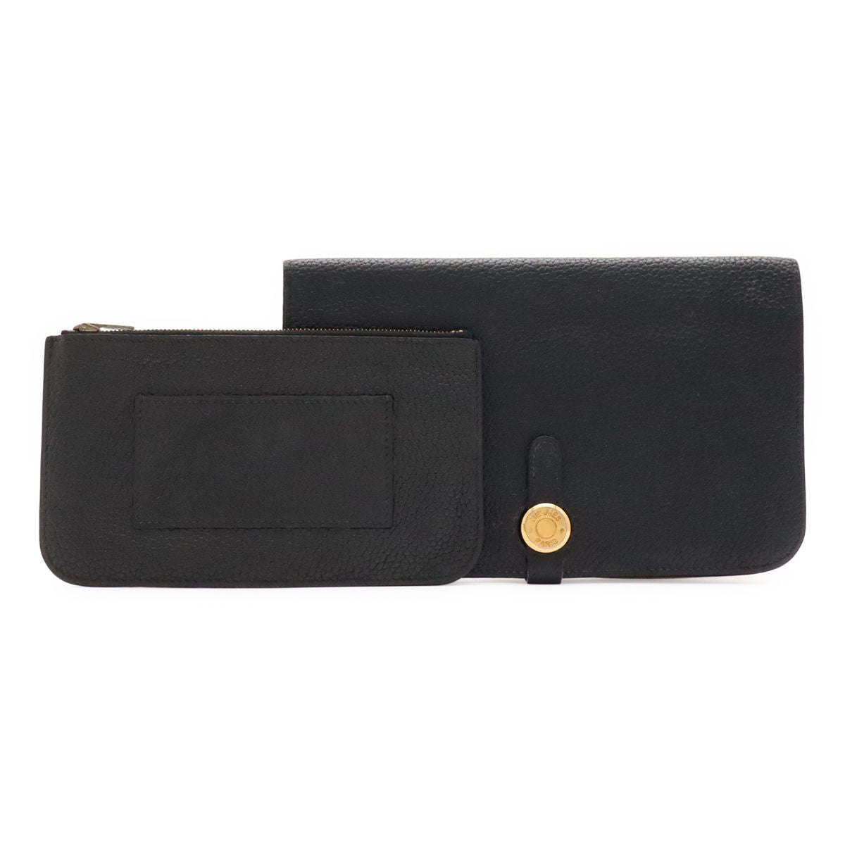 Hermes Dogon Duo GM Wallet fold Togo Leather Black Gold Coin Case
