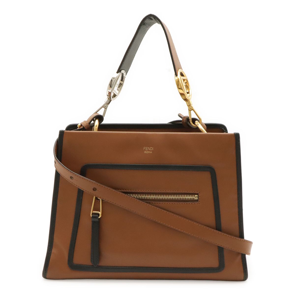 Fendi Run Away Small Shoulder Bag 2-Way Leather Brown Black Gold Silver
